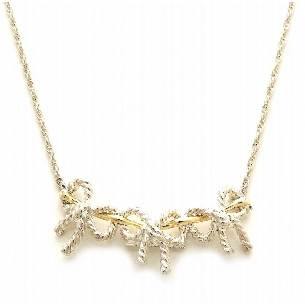 TIFFANY Co Ribbon Motif Triple Pendant Necklace Yellow Gold Silver accents